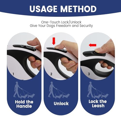 Dual Retractable Dog Leash for 2 Large Dogs (Up to 110LBS Each) - Double Headed Pet Leash with Poop Bags and LED Light, One Button Brake & Lock, 360 Tangle-Free (White, Large)