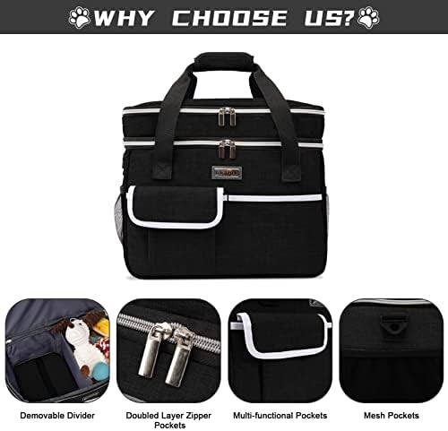 BAGLHER Dog Travel Bag for Supplies - Double-Layer Airline Approved Weekend Pet Travel Organizer Set for Dog and Cat Tote with 2 Pet Food Containers and 2 Collapsible Silicone Bowls Black