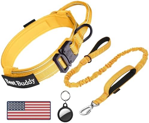 AUBELL Reflective Tactical Heavy Duty Dog Leash and Collar Set,Yellow M