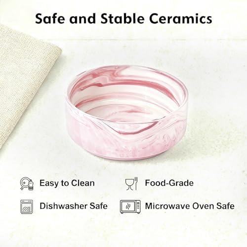 Elevated/Raised Ceramic Dog Bowl with Bamboo Stand,Marble Pattern 7 Inch 7.6 Cups Non Slip Heavy Weighted Single Pet Dish,Anti Tipping,Reduces Neck Strain Marble Pink
