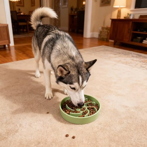Ceramic Slow Feeder Dog Bowl, 3 Cup Dog Food or 25oz Water, Slow Eating Bowl for Middle Breed, Maze Puzzle Feeder for Fast Eaters, Anti-Choking Stop Bloat, Non-Slip BPA Free (Green)