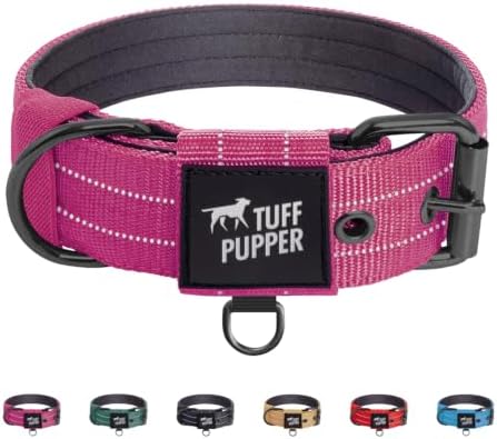Tuff Pupper Heavy Duty Tactical Dog Collar | 1.5" Wide Ballistic Nylon | Reflective Stitching | Integrated ID Tag Holder | Stainless Steel Buckle | Padded Lining | Medium & Large Dogs (Pink, Large)