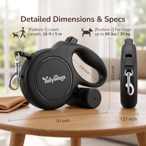 16ft Retractable Dog Leash for Medium Dogs up to 66 lbs, Black