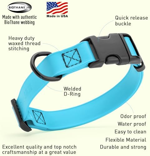 Dogline Biothane Waterproof Dog Collar with Quick Release Buckle Strong Coated Nylon Webbing with Odor- Proof for Easy Care Easy to Clean Fits Small Medium Large Dogs, Cyan Blue 3/4" W 12-19" L