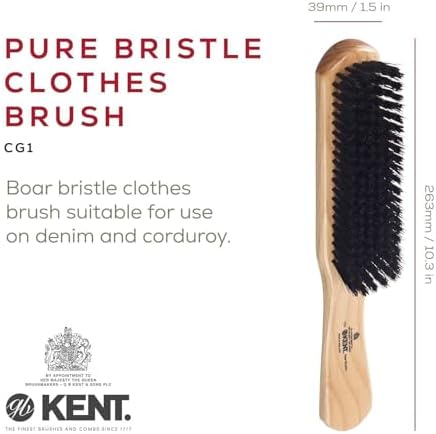Kent CG1 Clothes Brush Cherrywood 100% Natural Black Bristle and Lint Remover Especially for Jeans or Corduroy Garments for Keeping Fabrics Free from Fibres, Fluff and Pet Hair. Made in England