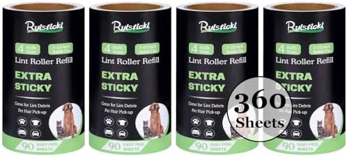 4 inch Lint Roller Refills for Evercare PetLovers Fedicelly Albatross and More Lint Rollers, Extra Sticky 90 Sheets per Refill, Pack of 4 Rolls, 360 Sheets Total (1 1/2 inch Inside Diameter)