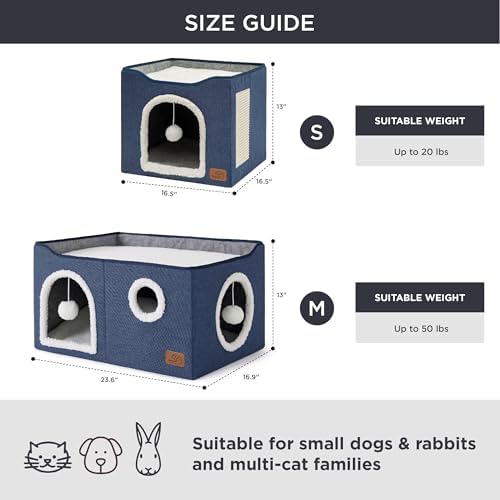 Bedsure Extra Wide Cat House Bed with Fluffy Ball and Scratch Pad,Blue