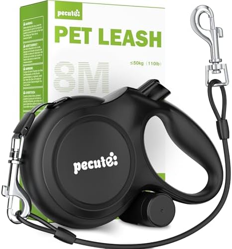 Pecute Dog Leash Retractable 26ft with Chew Proof Extender for 33-110 lbs