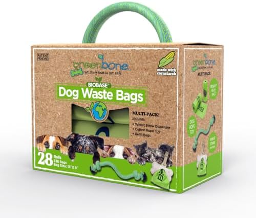 Greenbone BioBase Green Dog Poop Bag Refills: 28 Rolls - 336 Bags with Dispenser and Rope Toy Handle- Dog Gift Set