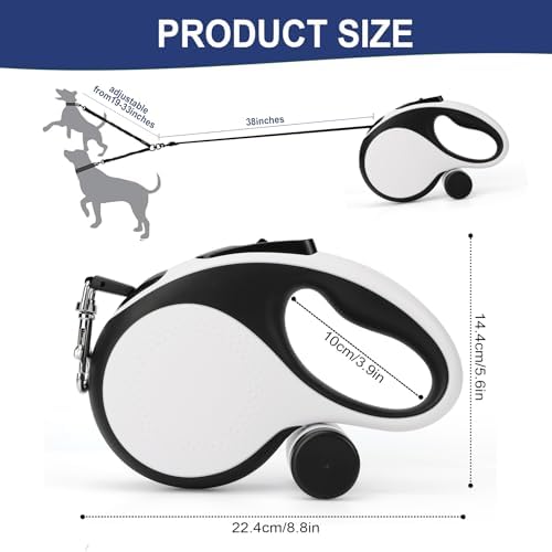 Dual Retractable Dog Leash for 2 Large Dogs (Up to 110LBS Each) - Double Headed Pet Leash with Poop Bags and LED Light, One Button Brake & Lock, 360 Tangle-Free (White, Large)