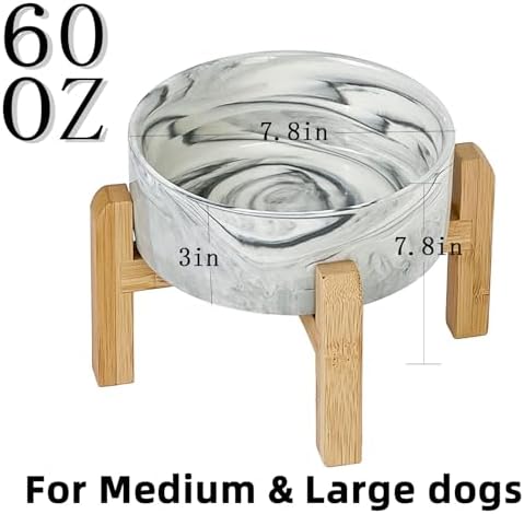 Elevated/Raised Ceramic Dog Bowl with Bamboo Stand,Marble Pattern 7 Inch 7.6 Cups Non Slip Heavy Weighted Single Pet Dish,Reduces Neck Strain Marble Gray