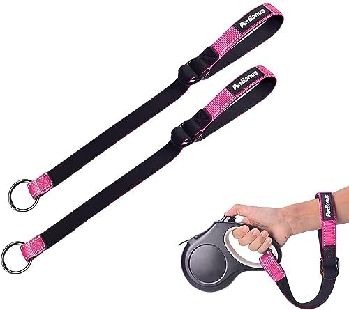 PetBonus 2 Packs Short Dog Leash, Safety Wrist Strap for Retractable Dog Leash, Reflective Design and Adjustable Soft Padded Handle, Extra Layer Security for Pet Stroller (Pink, Pink)