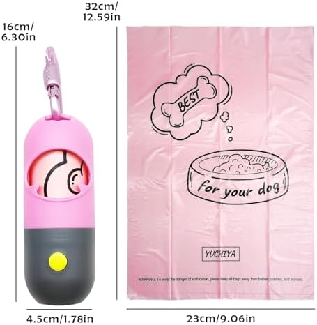Dog Waste Bags Holder with LED Flashlight Doggie Poop Bags Dispenser with 13 Rolls Leak-Proof Pet Trash Bags Rechargable USB Cable(Pink)