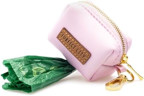 Dog Poop Bag Holder with Leash attachment, Waste litter bag container, Lead accessories, Metal hook hands free holder, Zipper pouch stylish gold hardware (Pink)