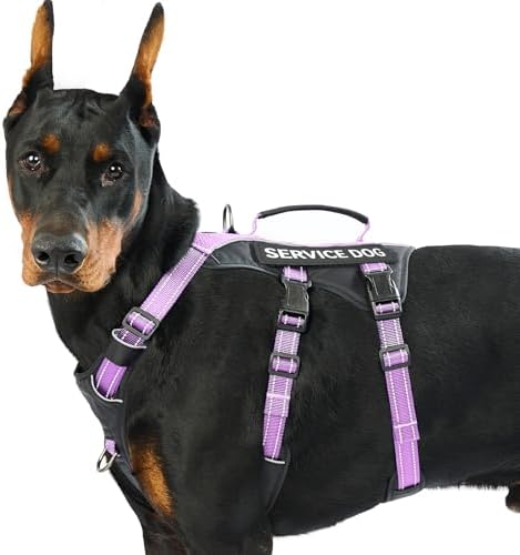 Huntboo Service Dog Vest Harness, Escape Proof Harness with 6 Patches, No-Pull, Reflective Harness with Handle, Adjustable for Small to Large Dogs, for Training and Hiking (Lavender Purple, L)