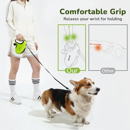 Pecute 26ft Retractable Dog Leash with Reflective Strips, 360° Tangle-Free, One-Button Control & Sturdiness Nylon Material, Long Leash Retractable with Poop Bag Holder for Medium Large Dog