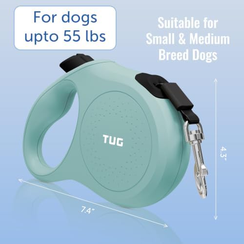 TUG Quest Retractable Dog Leash | 360° Tangle-Free | 16 ft Tape (M, Green)