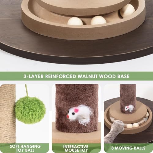40" Cat Scratching Post, Natural Sisal Rope Cat Scratcher Tree, Cat Scratcher Post with Hanging Ball, Heavy-Duty Wood Base with Mouse Hole & Ball Track for Kitten & Adult Cats