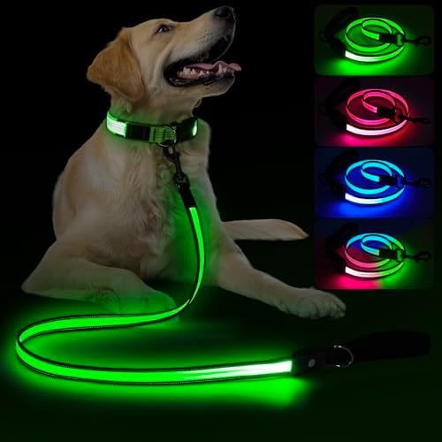 LED Dog Leash Ultra Bright, Waterproof, 7 Lighting Mode, Glow in The Dark & Reflective, Type-C Rechargeable, Battery Indicator, Carabiner Clip for Night Walking Safety, Small to Large Pets
