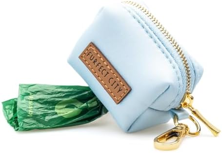 Dog Poop Bag Holder with Leash attachment, Waste litter bag container, Lead accessories, Metal hook hands free holder, Zipper pouch stylish gold hardware (Blue)