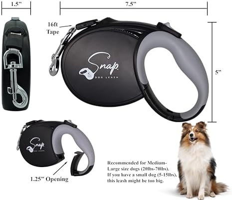 Snap Retractable Dog Leash with Built-in Clip - for Medium and Large Dogs (25+ lbs), Hands-Free Connection, Reflective 16-ft Tape, Brake and Lock, Tangle-Free
