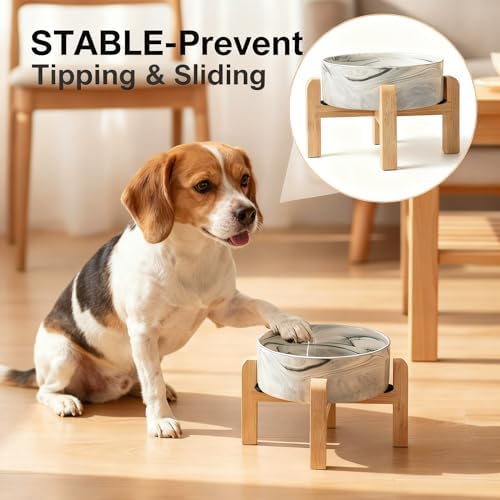 Elevated/Raised Ceramic Dog Bowl with Bamboo Stand,Marble Pattern 7 Inch 7.6 Cups Non Slip Heavy Weighted Single Pet Dish,Reduces Neck Strain Marble Gray
