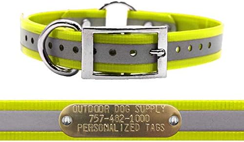 Reflective Waterproof D & Center Ring Dog Collar w Custom Name Tag, Yellow