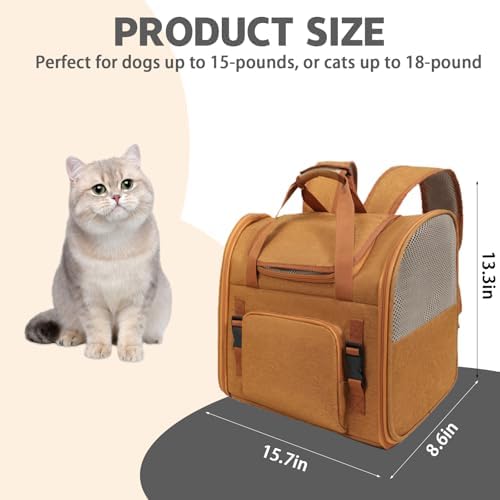 Cat Carrier Backpack, Airline Approved Expandable Pet Carrier, Breathable Mesh Backpack for Small Dogs & Medium Cats Hiking Camping Travel (Brown)