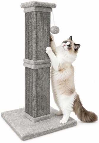 Vertical Cat Scratching Post for Indoor Cats, Sisal Scratch Tower with Soft Plush Base & Dangling Pom Ball, 32'' Tall Cat Scratcher Column, Furniture Protection, Full Grey