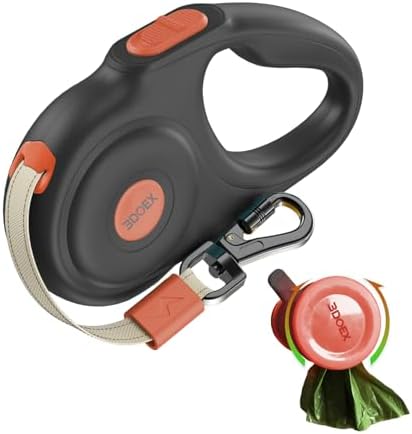 Retractable Dog Leash 16FT for Small & Medium Dogs, Sturdy Heavy-Duty Nylon Tape with Secure Locking Carabiner & Poop Bag Holder, Smooth One-Hand Control, Anti-Slip Handle, Tangle-Free Design (Black)