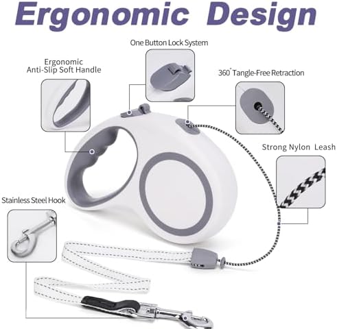 Retractable Dog Leash, 20 FT Dog Walking Leash for Small Medium Large Dogs up to 44 lbs, Heavy Duty No Tangle (White, 20 FT (0-44 lbs))