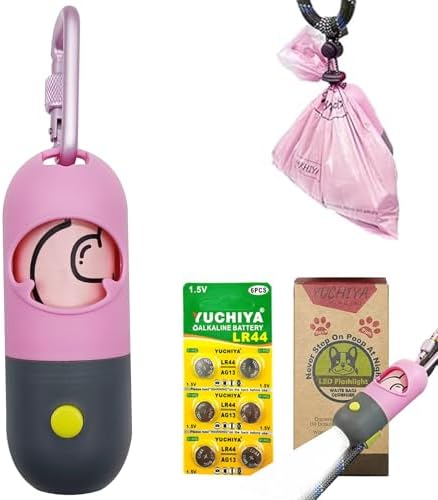 Dog Poop Bags Holder with LED Flashlight|Pet Waste Bags Dispenser for Leash|Doggie Potty Bags Container with Leak-proof Pet Trash Bags and Accessories (1 Holder 15 Bags, Pink)
