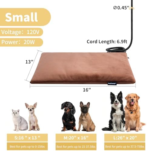 Pet Heating Pad for Cats Dogs Indoor & Sheltered Outdoor Waterproof Heated Cat Bed Heated Dog Bed Chew Resistant Cord Constant Temperature Electric Warming (Brown, S: 16" × 13" × 1.3")