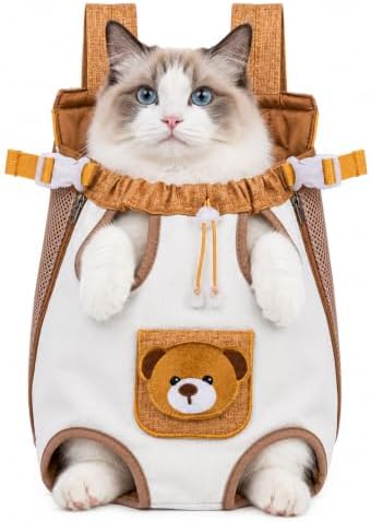 Cute Cat Carrier Backpack, Hands Free Pet Front Carrier Bag (Brown, Small)