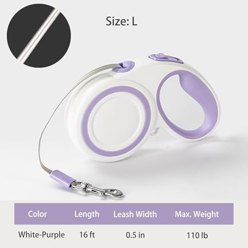 Retractable Dog Leash, Heavy Duty Reflective Nylon Tape Lead 16 ft Long, up to 110lbs, One-Handed Brake, Lock, Automatic Telescopic Dog Tape, Non-Slip Handle (White-Purple, Large)