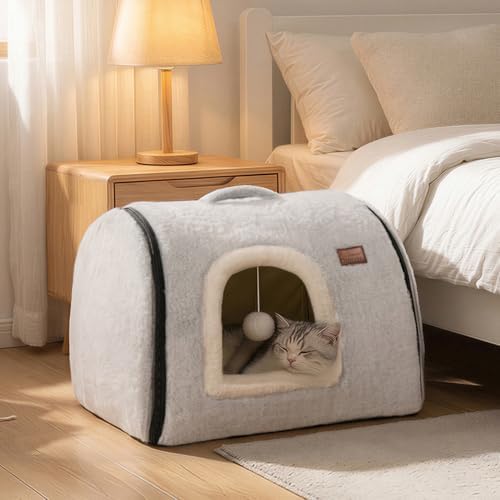 cat Bed cave-cat beds for Indoor Cats,Soft and Comfortable,Cute cat House,with Removable Washable Cushioned Pillow,Enclosed cat Bed,Kitty pet hut、Hideaway,Small Dog Tent,Grey