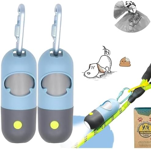 Dog Poop Waste Bags Holder with LED Flashlight|Cute Doggie Poo Bags Dispenser for Pet Leash|Trash Waste Bags Carrier with Potty Bags Clip Fastener LR44 Button Cells Included(2 Pack) (Sky Blue)