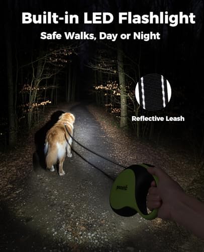 Retractable Dog Leash with Light, 16.4 ft Retractable Pet Leash with Anti-Slip Soft Grip, 360° Tangle-Free, One-Button Control, Reflective Leashes for Small Medium Dog Up to 66 lbs