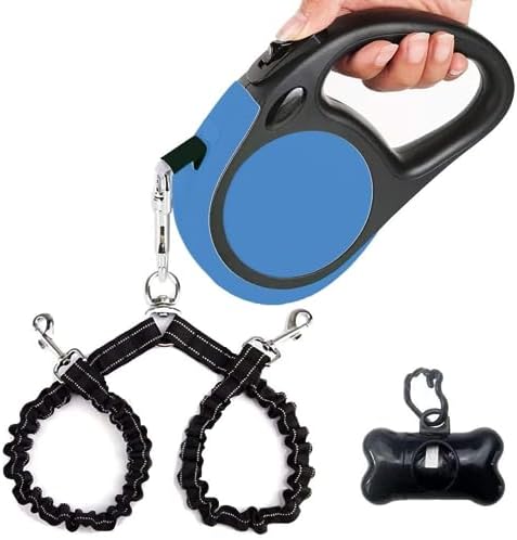 Dual Retractable Dog Leash Small Breed (Up to 44 Lbs Each) - 18.5 FT Extendable Double Headed Pet Leash with Poop Bags, Non Slip Grip - One Button Break & Lock, 360° Tangle-Free (Blue, Medium)