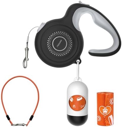 10Ft Retractable Dog Leash with Chew-Proof Steel Cable, 360° Tangle-Free, Built-in Poop Bag Dispenser, Ergonomic Comfort Grip Handle for Small Medium Dogs Up to 60lbs