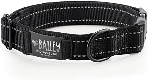 Improved - Personalized Dog Collars w/Engraved Metal ID Nameplate for Name & 3 Lines Text - Custom 20 Icons, 4 Adjustable Sizes, 10 Fonts, Dog Collar for Large Dogs, Dog ID Tag Personalized, Black