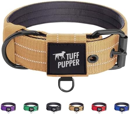 Tuff Pupper Heavy Duty Tactical Dog Collar | 1.5" Wide Ballistic Nylon | Reflective Stitching | Integrated ID Tag Holder | Stainless Steel Buckle | Padded Lining | Medium & Large Dogs (Tan, Large)
