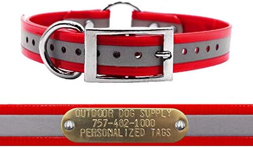 Reflective Waterproof D & Center Ring Dog Collar w Custom Name Tag, Red 21"