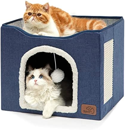 Bedsure Cat House Bed for Indoor Cats with Fluffy Ball and Scratch Pad,Blue
