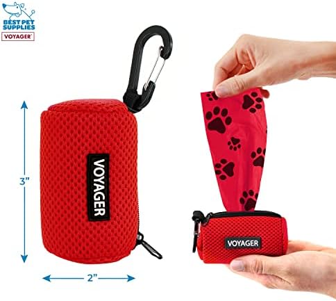 Best Pet Supplies Dog Poop Bag Holder Leash Attachment with Reusable Dispenser for Travel, Walking, Park, and Outdoor Use, Durable with Clip-On - Red, Mesh Dispenser w/15 Bags