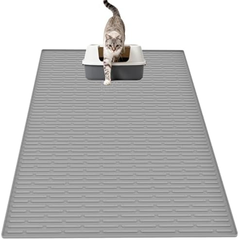 XXL Silicone Cat Litter Mat, 40"x30"(100cmx75cm) Extra Litter Box Mat for Floors, Non-Slip Litter Trapping Mat to Prevent Tracking, Easy to Clean Kitty Litter Catcher Mat, Durable, Light Gray
