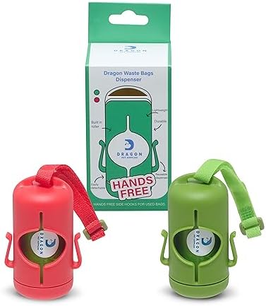 DRAGON Waste Bags Durable Dispenser, Dog poop bags holder with Two Hooks on the side for Used Poop Bags, leash attachment strap and 15 Poop Bags (RED)