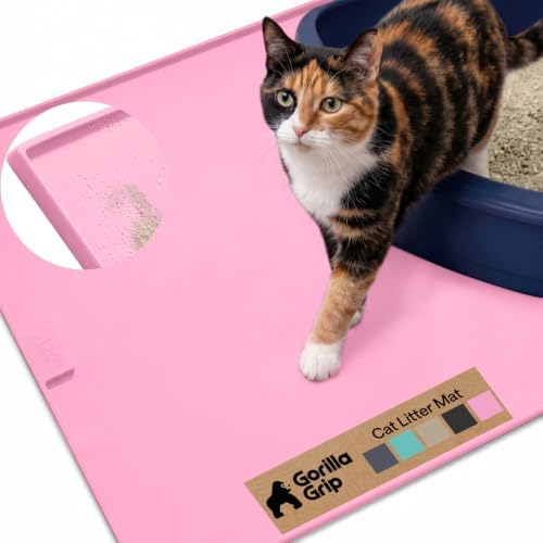 GORILLA GRIP Cat Litter Box Mat, Easy Clean Silicone Mats, 24x15 Pink