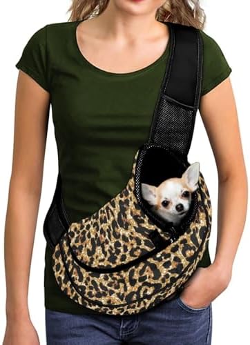 Brown Leopard Print Pet Carrier Sling for Small Dogs Cats Hands Free Padded Shoulder Sling Travel Tote Bag Adjustable Strap Pet Puppy Outdoor Travel Carrier Bag