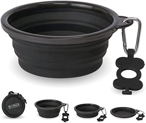 Bonza Collapsible Dog Bowls - Large 33 oz, Dog Travel Accessories, Silicone Portable Dogs Bowl & Water Dish with Reinforced Rim & Carabiner for Hiking, Camping, and Car Trips, Black